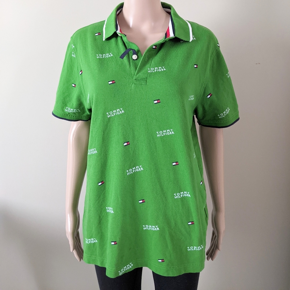 Tommy Hilfiger all over logos green polo tshirt, men's large